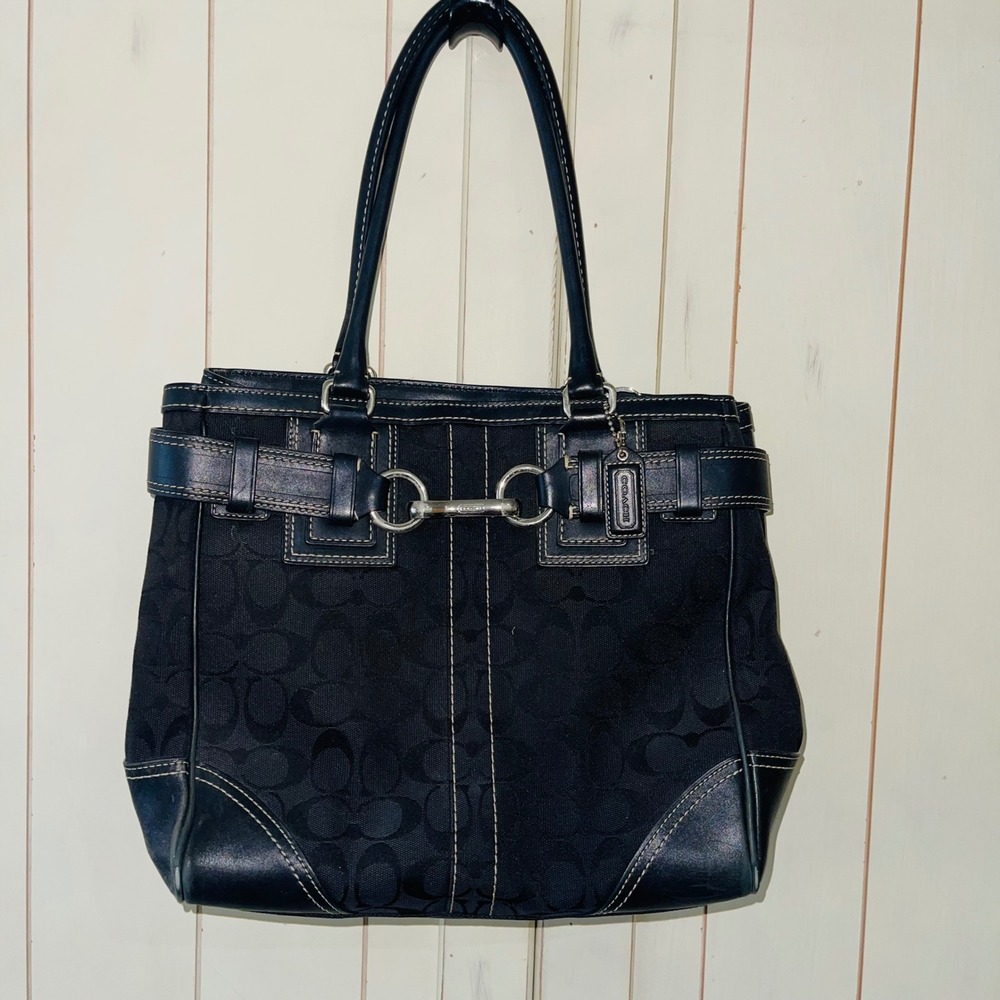 Coach Black Signature Jacquard Tote Shoulder Bag Purse Leather Trim F064-10247